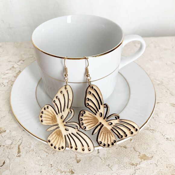 NEW BUTTERFLY Earrings Laser Cut Lightweight Whitewashed Wood NWT - Picture 6 of 8